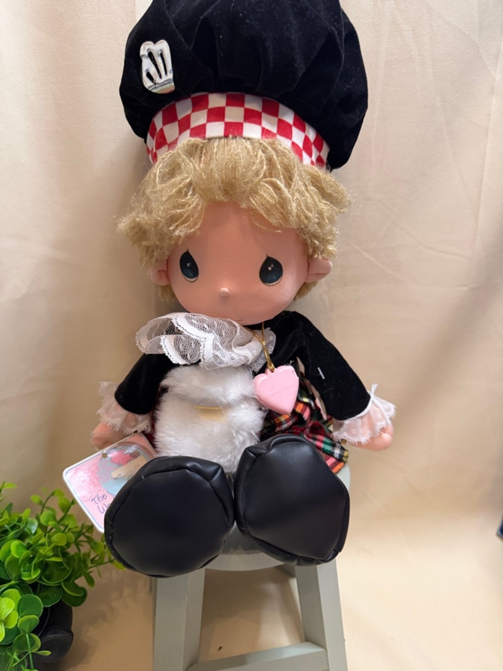 Precious Moments Black and Red Chef Boy Doll with Pink Heart